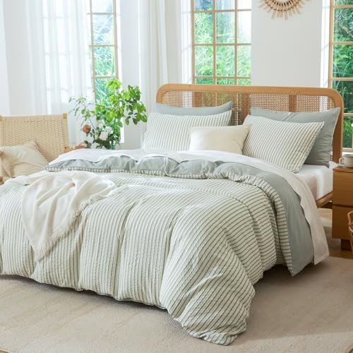 Duvet Cover Set King Striped Sage Green, 100% Washed Microfiber