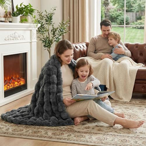 JONIYEAR Solid Thick Fuzzy Bubble Faux Rabbit Fur Blanket Twin Size