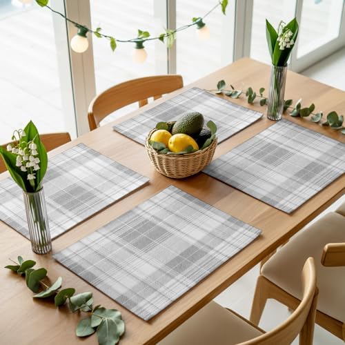 Grey Buffalo Plaid Placemats Set of 8, Cotton Linen Fabric Place Mats