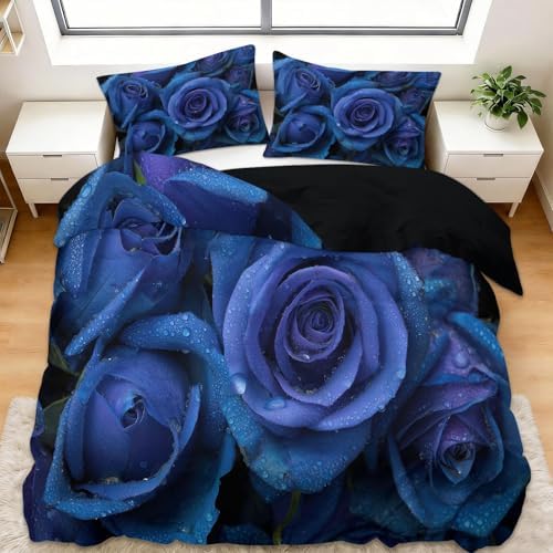 King Duvet Cover Set Romantic Flowers Blue Roses Bedding with