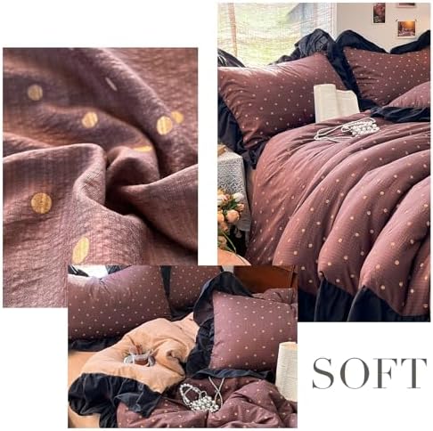 Retro Brown Polka Dot Ruffle Duvet Cover King Soft Double Gauze