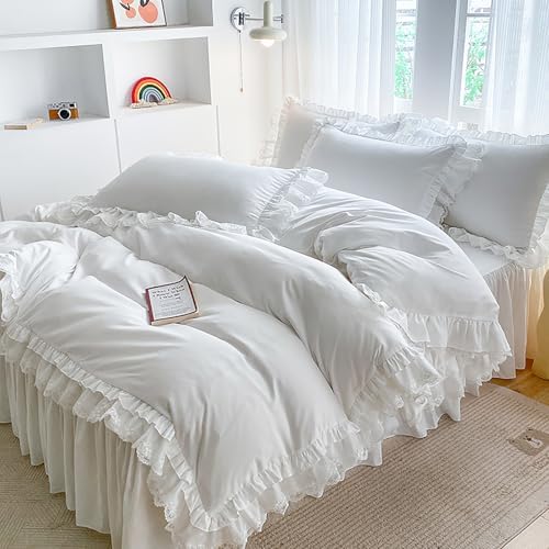 Ruffle Cotton Duvet Cover Set 4 Piece,Shabby Soft Bedding Set with
