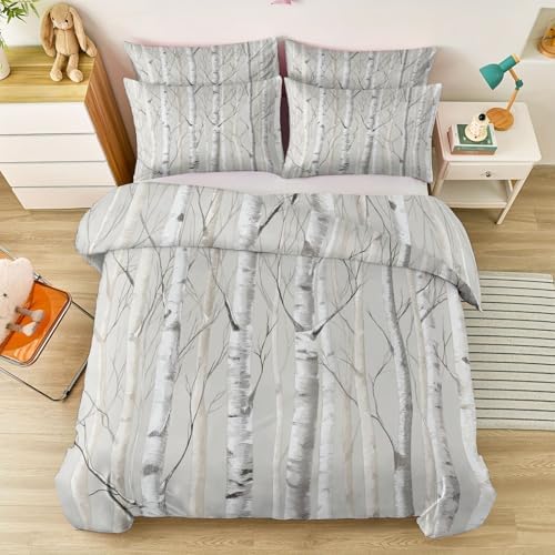 Duvet Cover Set, Grey Minimalist Natural Tree Pattern Bed Sets, Ultra