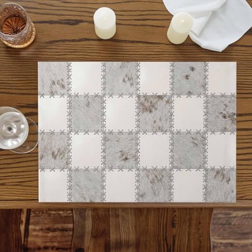 Cream Gray Checkered Placemats Set of 8, Cotton Linen Fabric Place