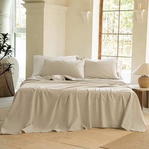 BISELINA 100% Washed Cotton Sheet Set 3 Pcs - 1 Fitted Sheet, 1 Flat