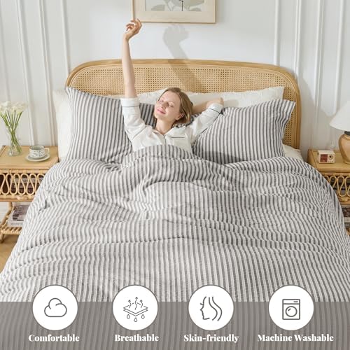 MILDLY Jacquard Striped Duvet Cover Set 3pcs Dual Zipper Taupe Super