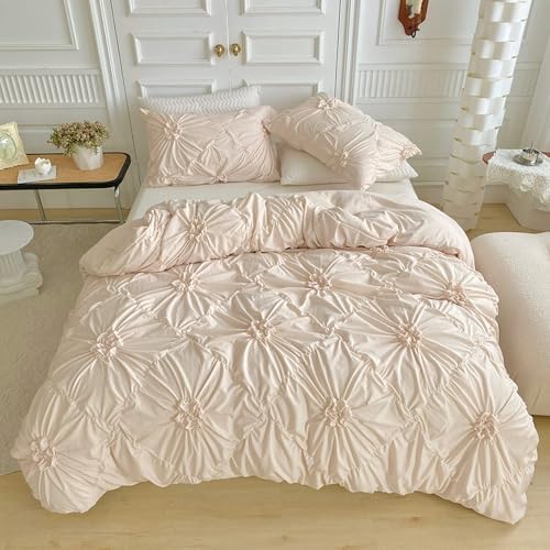 Beige Queen Size Duvet Cover Set with Pinch Pleat Flower Design, 3 PCS