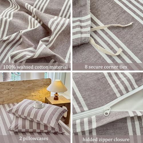 Striped Duvet Cover Set 100% Washed Cotton Linen Like Super Soft Chic