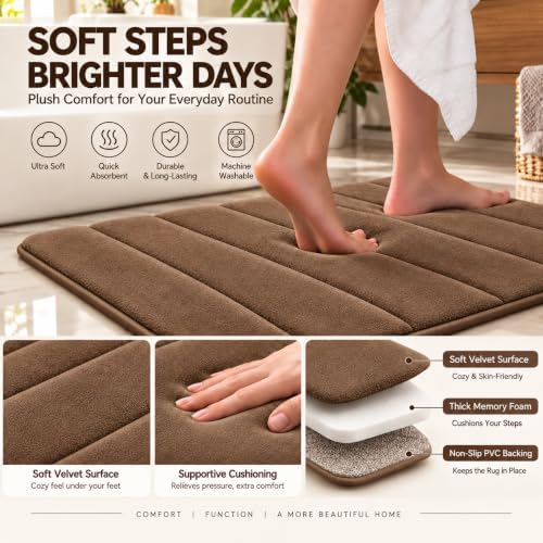 Beige Bathroom Rugs Set 2 Piece Memory Foam Bath Non-Slip Bath