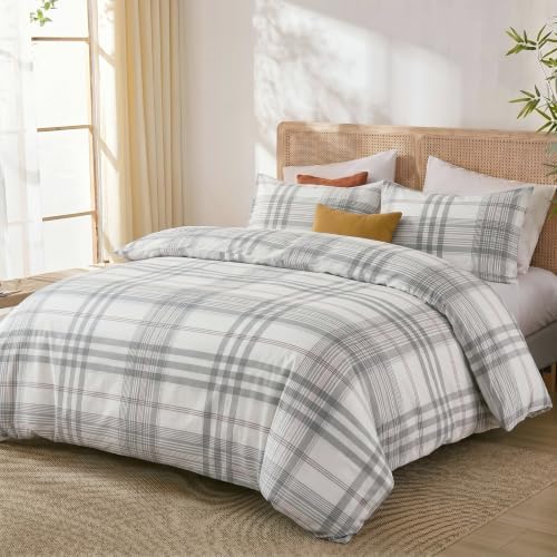 Merryword 100% Cotton Gray Plaid Duvet Cover Set, 100% Washed Cotton