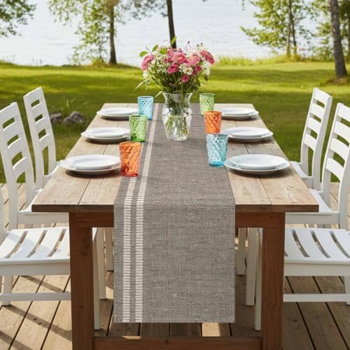 Flax Gray Table Runner 72 inches Long Oatmeal Beige Woven Fabric