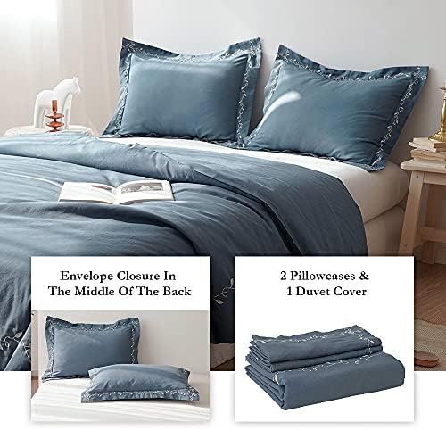BISELINA French Linen Duvet Cover Set 3pcs Embroidered Willow Leaf 55%