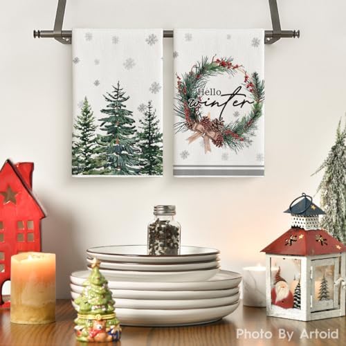Artoid Mode Elk Trees Bowknot Winter Kitchen Towels Set of 4 18x26