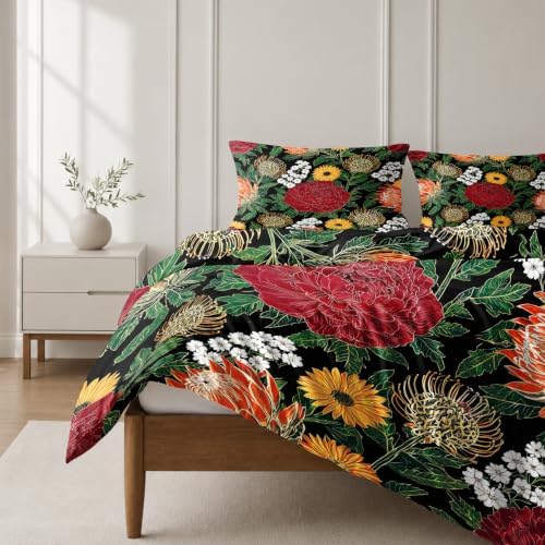 Boho Floral Duvet Cover King Size, Sage Green Leaves Botanical Bedding