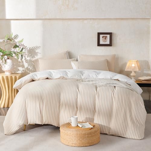 Striped King Duvet Cover Beige Washed Cotton Jacquard 3 Pieces Bedding