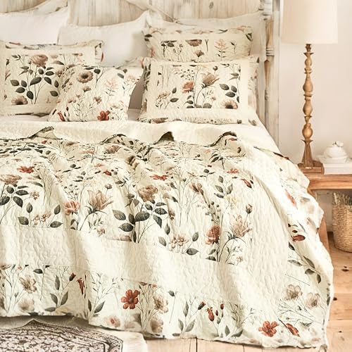 DaDa Bedding Enchanted Meadow Quilt Set King, Floral Bedspread Beige