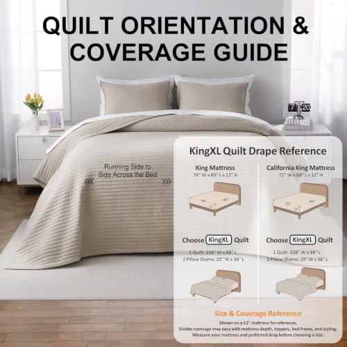 XL King Quilt Set 108 x 98 in, Lightweight, Oatmeal