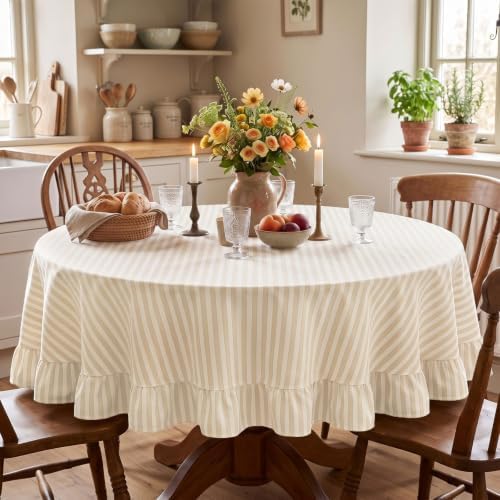 Mindsoft Beige Striped Ruffled Round Tablecloth 70 x 70 Inches