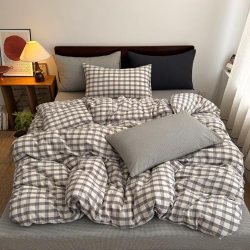 Mucalis Grey White Gingham Plaid Duvet Cover Queen 100% Washed Cotton