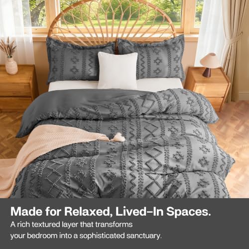 MR&HM Boho Duvet Cover Queen, Vintage Tufted Bedding, 3-Piece, Dark