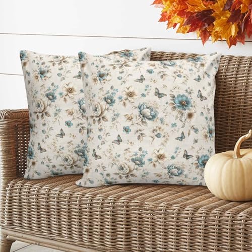 Vintage Tulip 18x18 Pillow Covers Set of 2, Teal Flowers Butterfly
