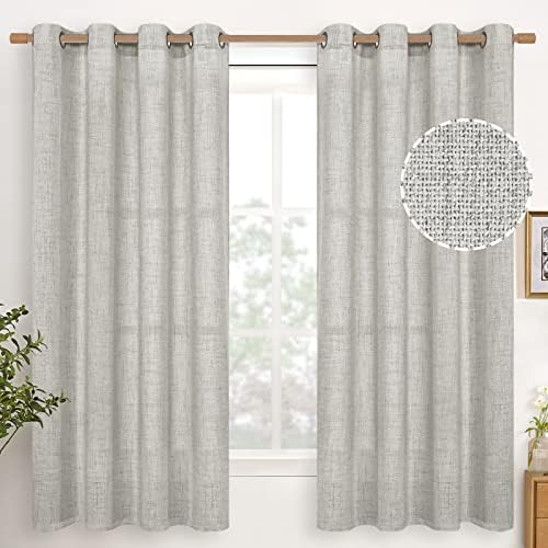 YoungsTex Light Grey Linen Curtains 63 Inches Long 2 Panels