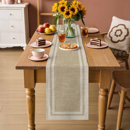 Beige Vintage Table Runner 108 Inches Long, Rustic Farmhouse Retro Art