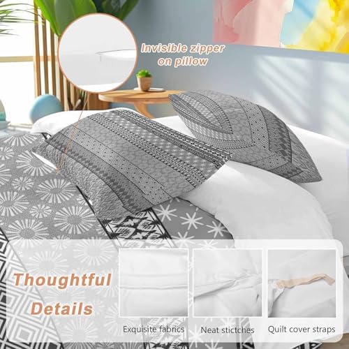 Grey Black Boho Bedding Full Duvet Cover Set, 3 Piece Microfiber Soft