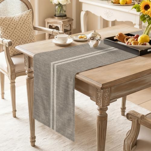 Cream Grain Line Table Runner, Soft Taupe Woven Canvas Style Romantic