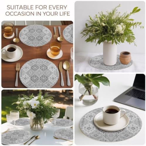 Vintage Gray Flower Texture Leather Placemats Set of 6, 15 Inch
