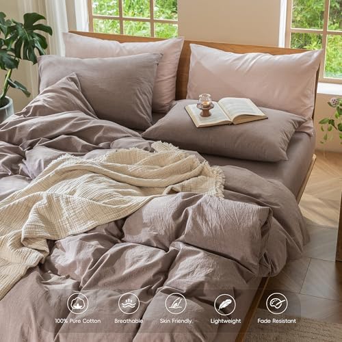 MooMee Duvet Cover Set 100% Washed Cotton Linen Like Queen