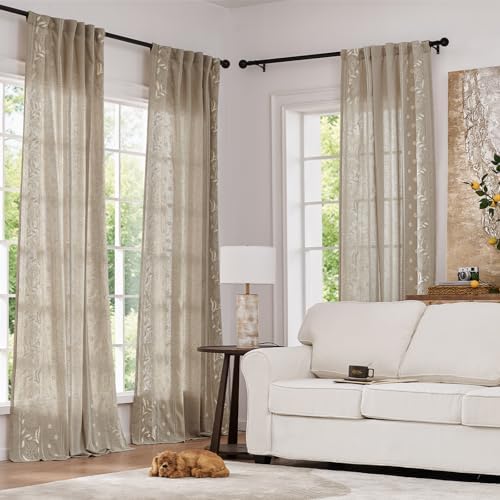 jinchan Taupe Floral Linen Curtains for Living Room 63" Back Tab 2