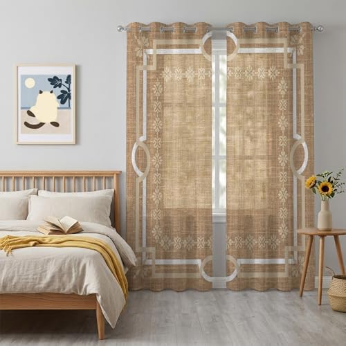 Brown Farmhouse Sheer Curtains 96 Inch Long 2 Panels, Linen Texture