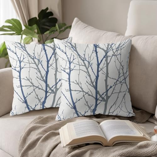 Navy Blue Gray Tree Pillow Covers 22x22 Inch Grey Blue Branch Print
