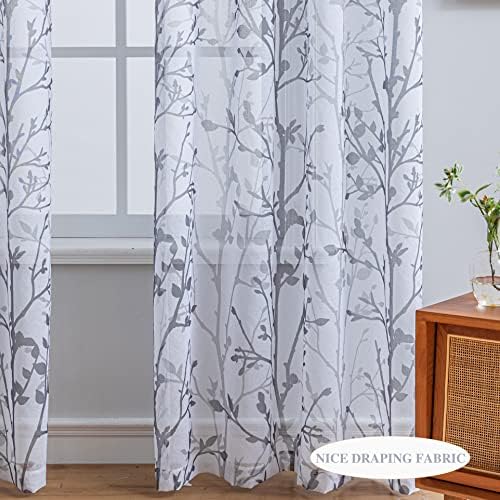 Luvyohmee White Grey Curtains 84 Inch Length 2 Panels Set, Semi Sheer