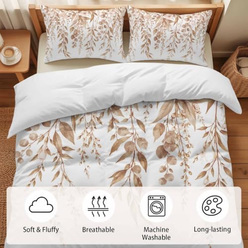 Duvet Cover King Size, Brown Eucalyptus Leaves 3-Piece Bedding