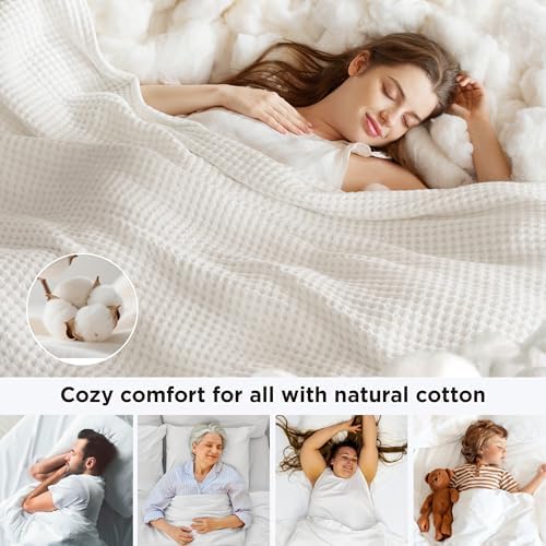 Bedsure Lightweight 100% Cotton Waffle Blanket, Queen, Ivory
