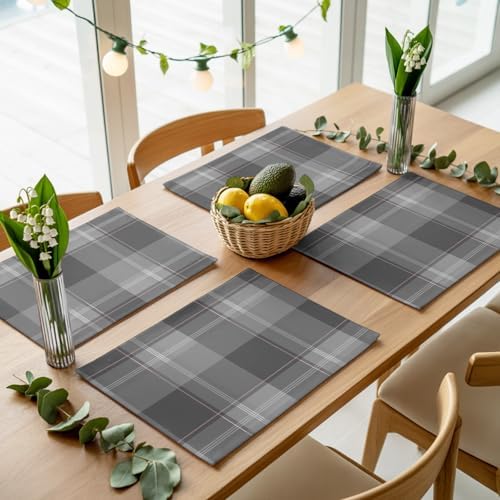 Grey Buffalo Plaid Placemats Set of 8, Cotton Linen Fabric Place Mats