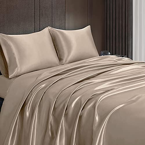 Homiest Queen Taupe Deep Pocket Satin Sheets, 4-Piece