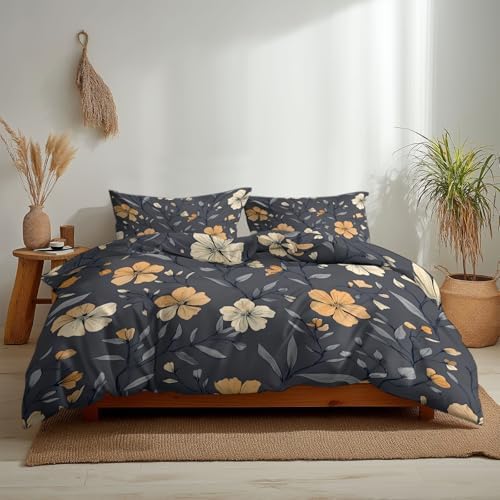 Grey Duvet Cover Set King Size, 3-Piece Reversible Bedding Set