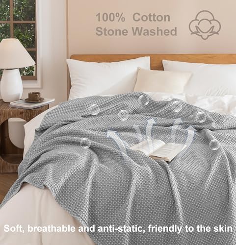Talasily 100% Cotton Waffle Blanket Queen Size,Stone Washed Bed