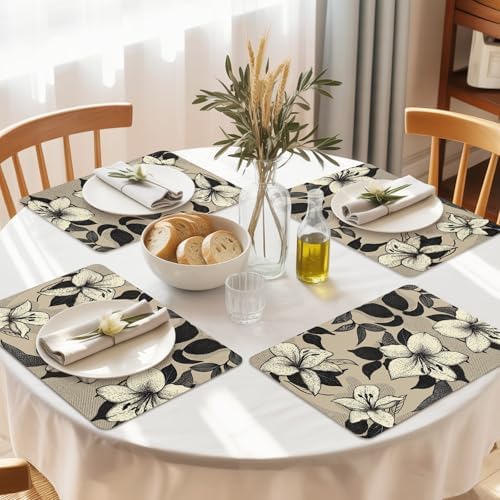 Vintage Beige Flower Black Leaf Leather Placemats Set of 6,12x18