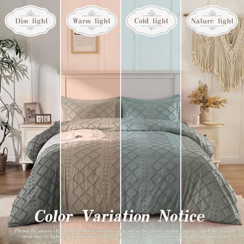 VACVELT 5PCS Light Grey Boho Tufted Duvet Cover Full Size, Zipper &