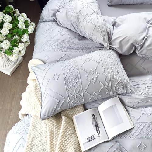 Boho Duvet Cover Queen Size Grey Geometric Tufted 3 Pieces Set