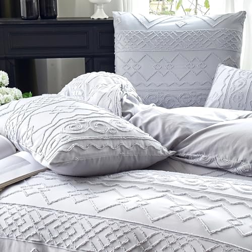 Boho Duvet Cover Queen Size Grey Geometric Tufted 3 Pieces Set