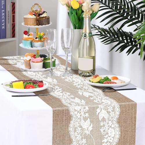 Newwiee 12 Pack Plastic Table Runner 14 x 108 Inch Natural Burlap