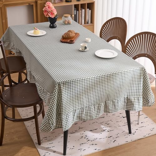 vctops Farmhouse Green Plaid Ruffle Table Cloth, Boho Cotton Linen
