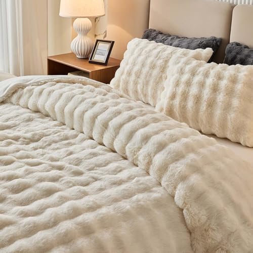 King Faux Rabbit Fur Comforter Set - 3 Pieces Fluffy Bedding Set Ultra