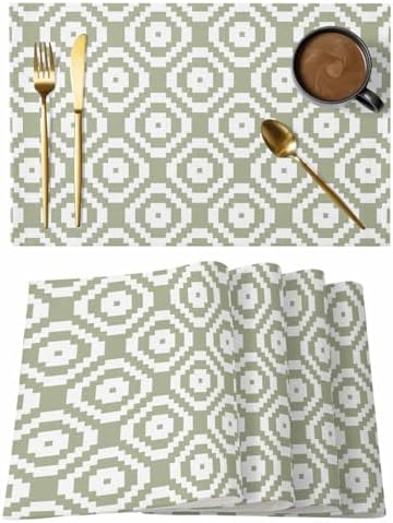 Placemats Set of 8, Sage Green White Geometric Woven Placemat, Linen