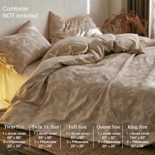 Linen Cotton Duvet Cover Full,Soft Breathable,Leaves Jacquard Textured